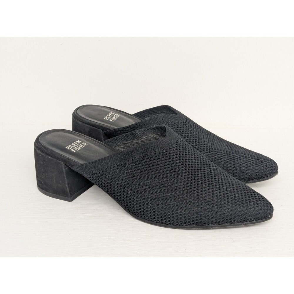 Eileen Fisher Betsy Knit Slip On Backless Block Heel Mules Shoes Black Sz 7.5